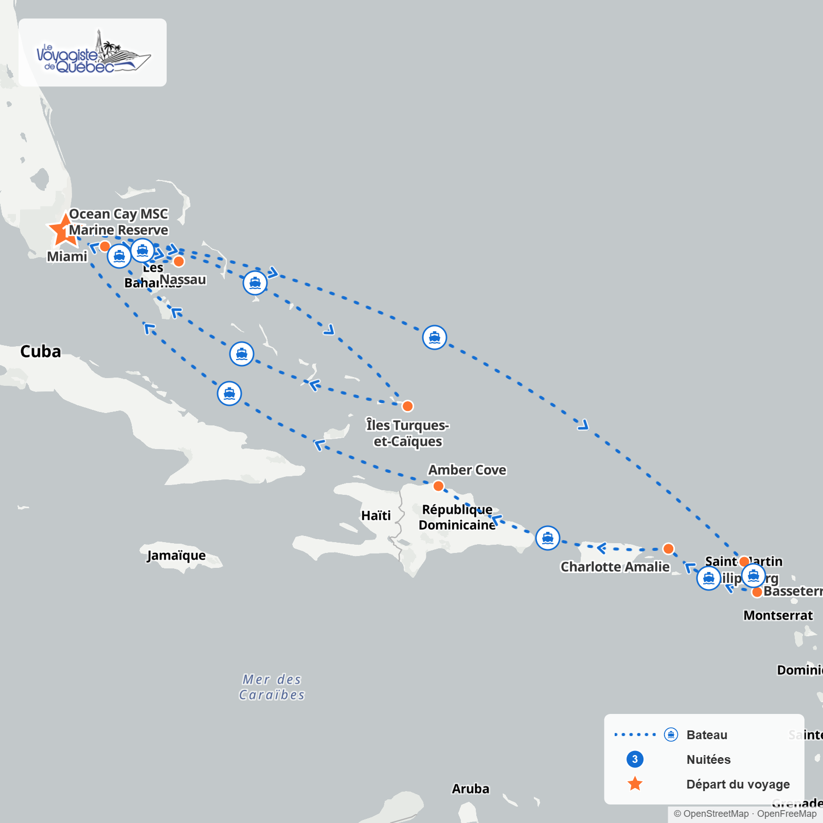 Carte de l'itinéraire — CAP SUR LES CARAIBES ET LES ÎLES TURQUOISES